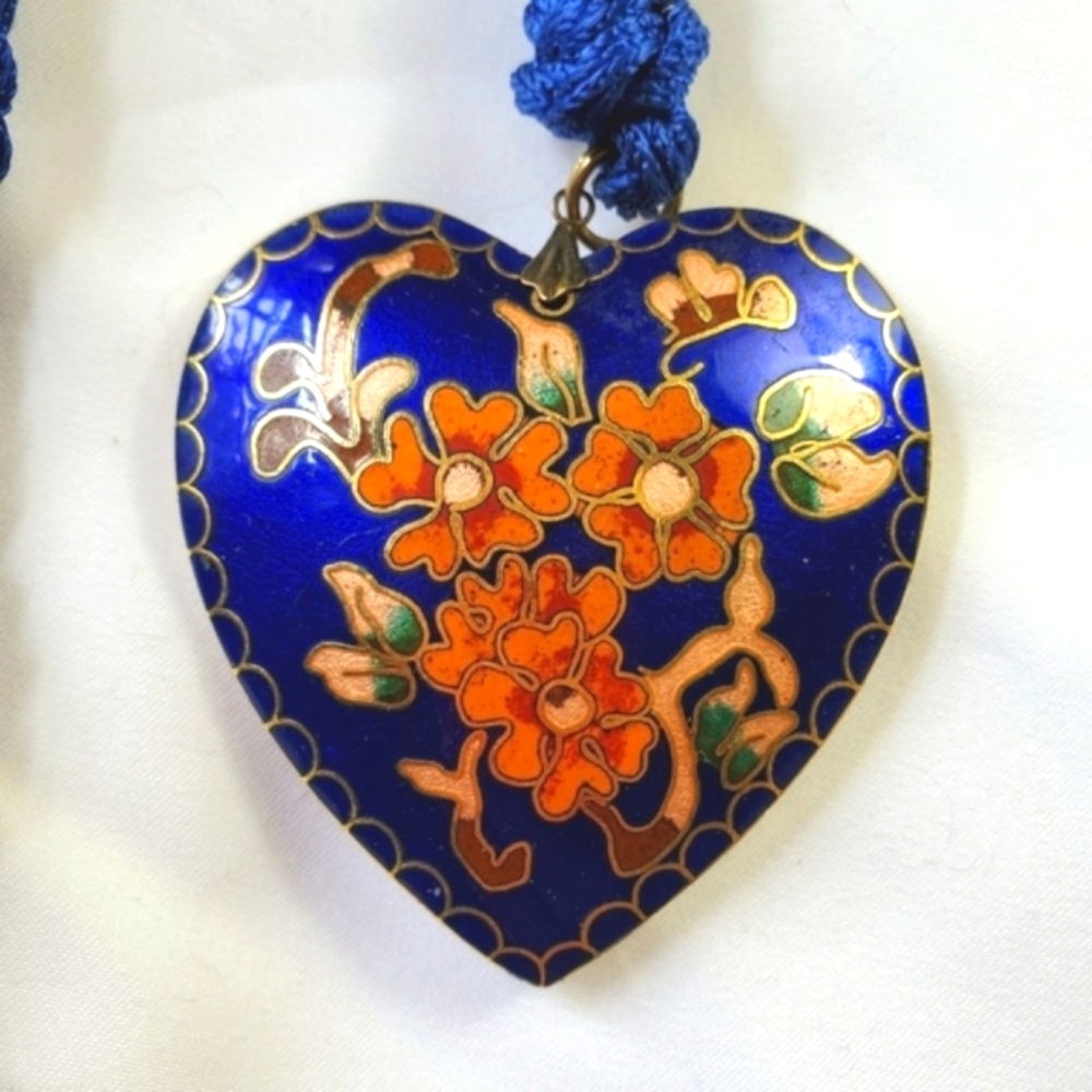 Cloisonne Heart Necklace Blue Orange Floral reversible Different designs